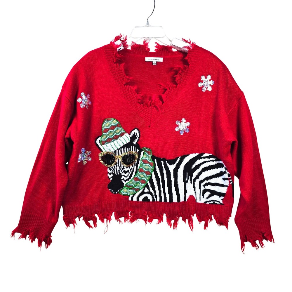Hooked Up Zebra Cropped Frayed Christmas Sweater Distressed V-Neck Sequin Large